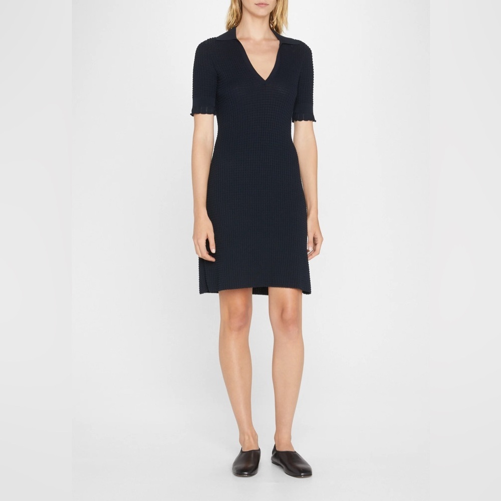 Theory Lace Trim Bristol Cotton Short Textured Polo Dress in Dark Navy Sz L